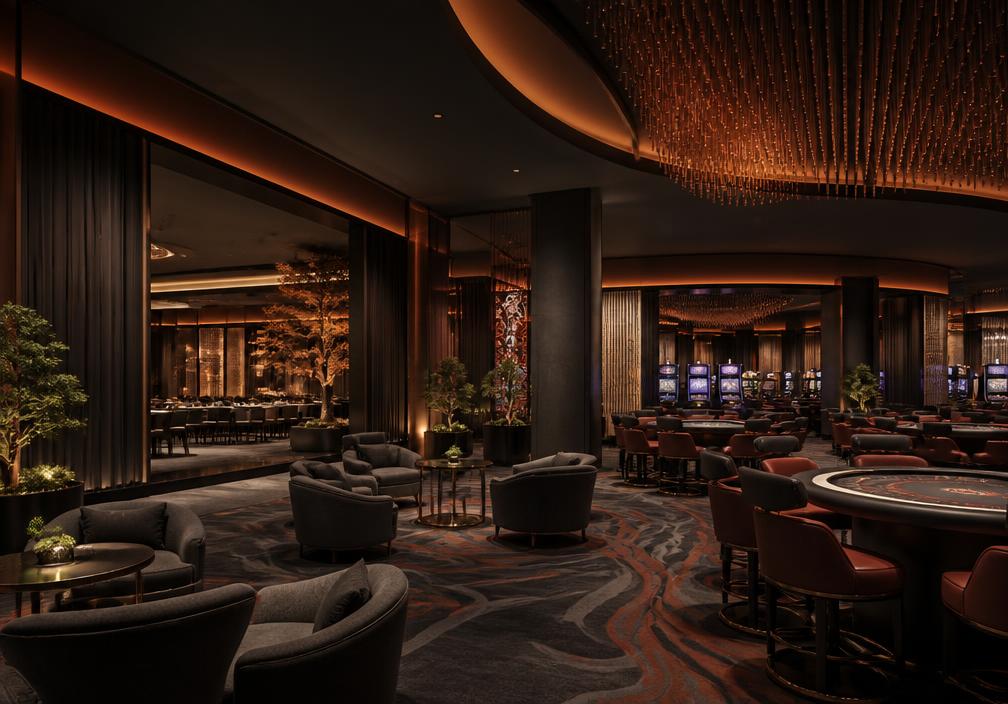 Lounge del casino con sillones y luz ámbar