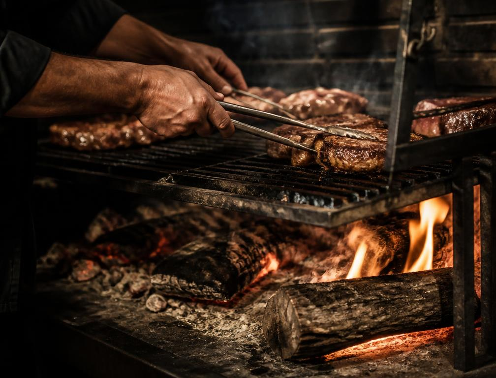 Manos del parrillero acomodando cortes sobre la parrilla a llama viva