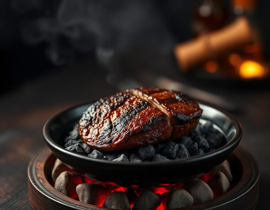 Medallón de carne reposando sobre carbón