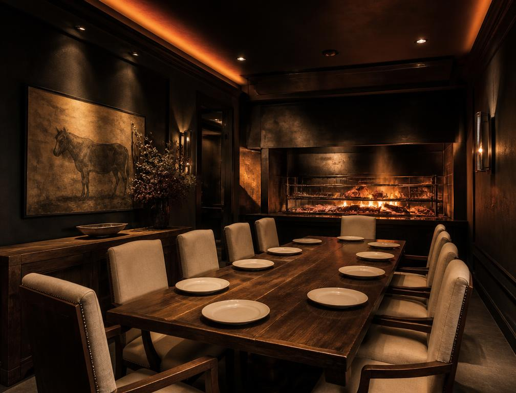 Salón privado con mesa larga y parrilla a la vista