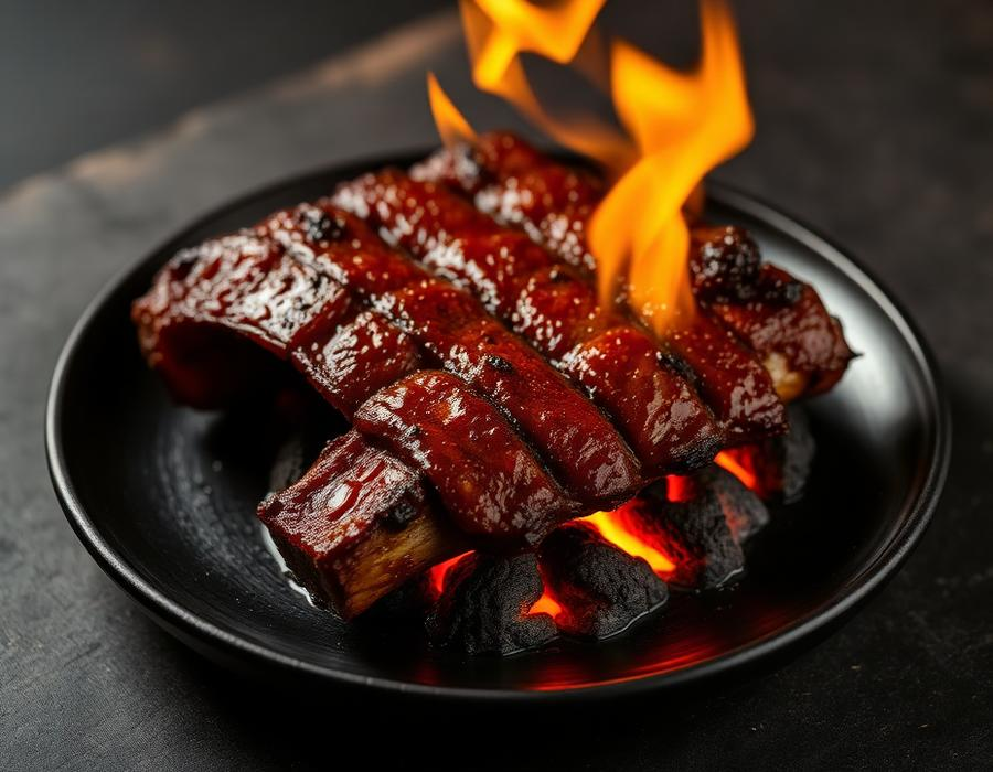 Tira de asado al carbón con llamas
